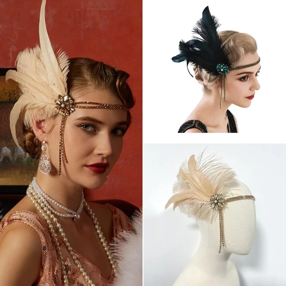 2024 New Feather Headwear 1920s Flapper Great Gatsby Cocktail Pampadu Retro Headband Flying Wave Water Diamond  Tassel  Jewelry