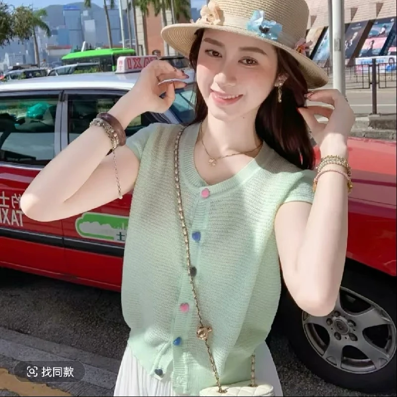 سترة محبوكة صيفية لعام 2025 تي شيرت نسائي بأكمام قصيرة ورقبة دائرية ملابس تريكو متينة أنيقة وأنيقة للسيدات #5