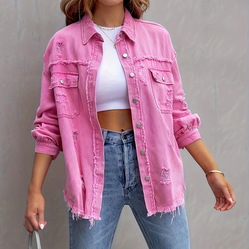 2024 New Casual Women's Wear Solid Color Perforated Long sleeved Denim Coat Jacket Women's Fashion Personality Street Trend Coat