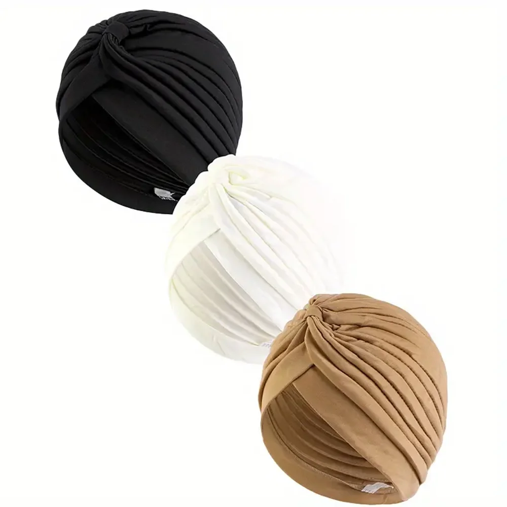 3pcs Fashion Solid Color Twist Turban Elastic Muslim Hijab Cap Soft Pre-Tied Head Wrap For Cancer Patients Hair Loss