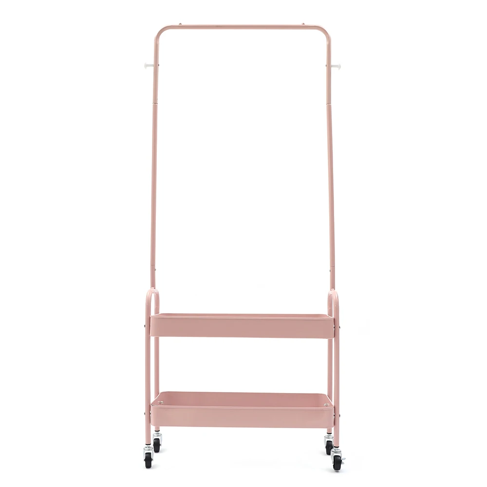 Pink Clothing Rack With Universal Wheels & Net Baskets Floor Standing Carbon Steel Clothing Rack Movable and Lockable