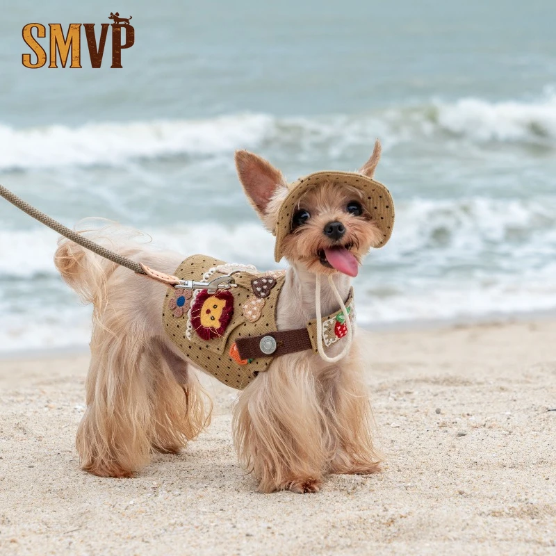 

Original Design Outdoor Imitation Denim Fabric Three Dimensional Cartoon Embroidery Decoration Small Pet Dog Chest Strap Set