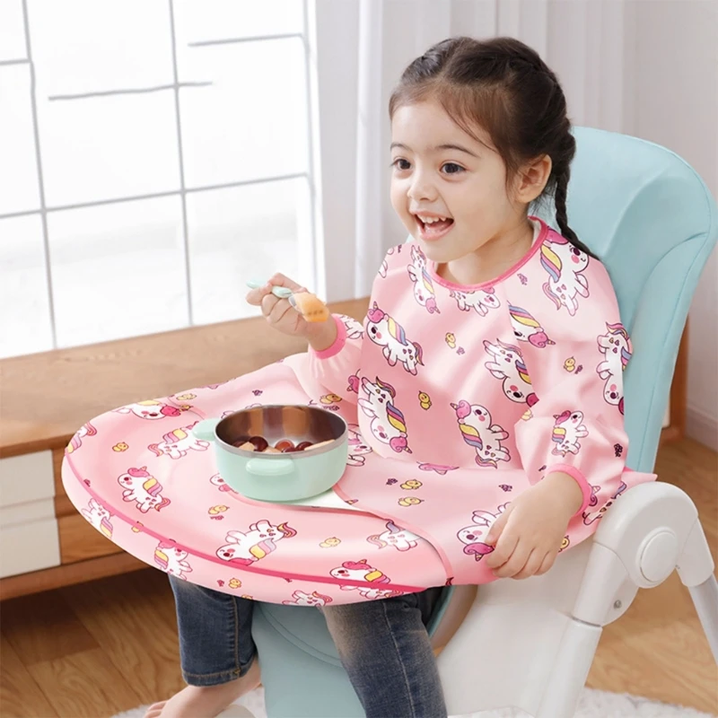 Long Sleeves Bib Attaches to Highchair & Table Weaning Bibs with Multi-pattern