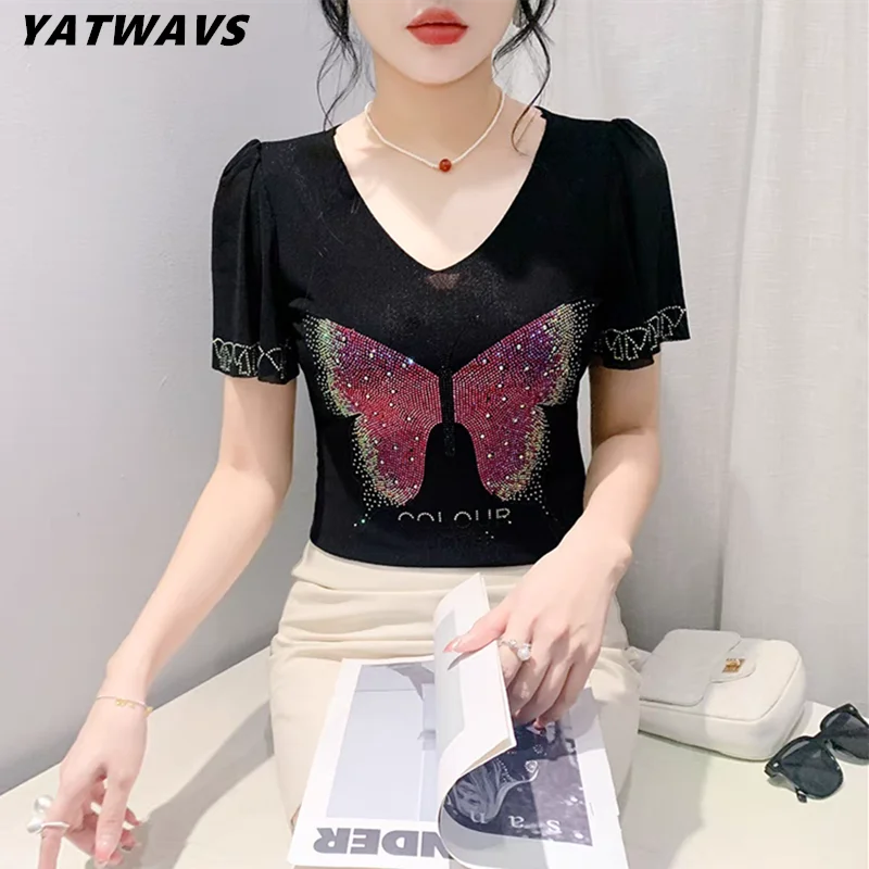 

High Quality Women's Butterfly Shiny Diamonds T-Shirt Clothes Summer Elegant Streetwear Girl Sexy V-Neck Puff Sleeve Tops Tees