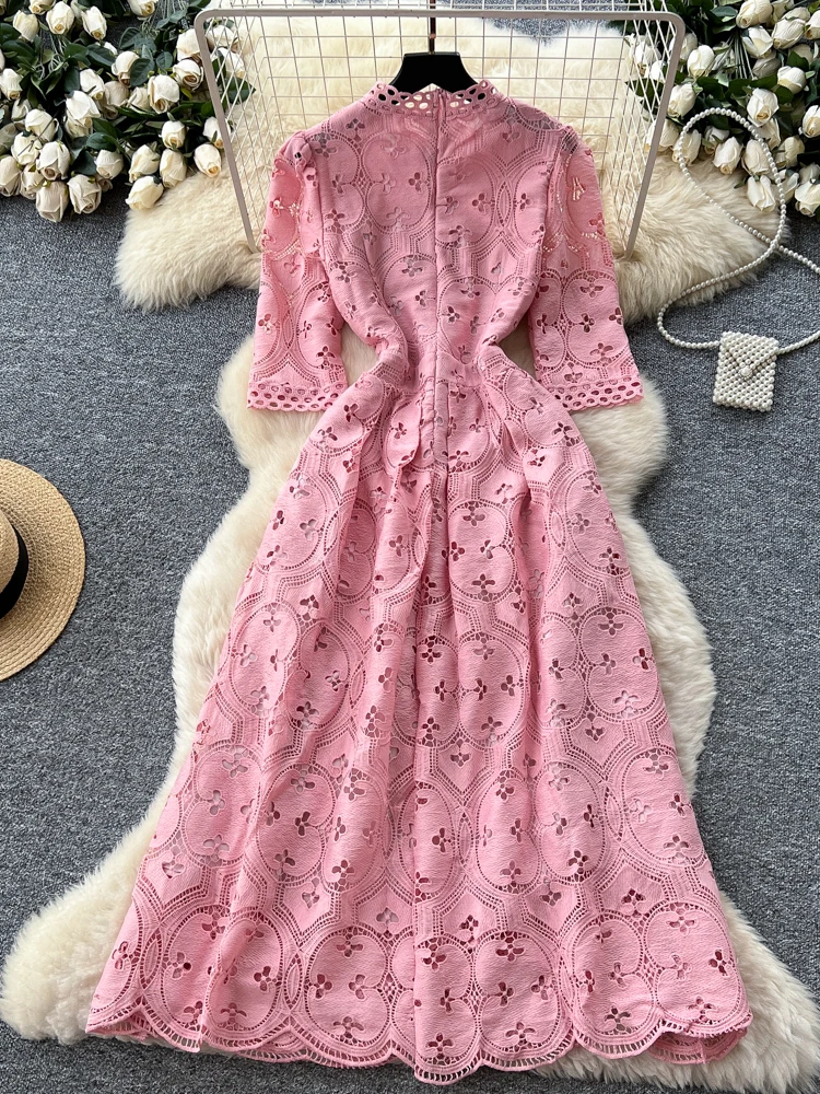 Ele High-Waisted A-Line Dr Women's Hollow out Embroidered Five-Quarter Sve Long Dr Slimming Waist Design