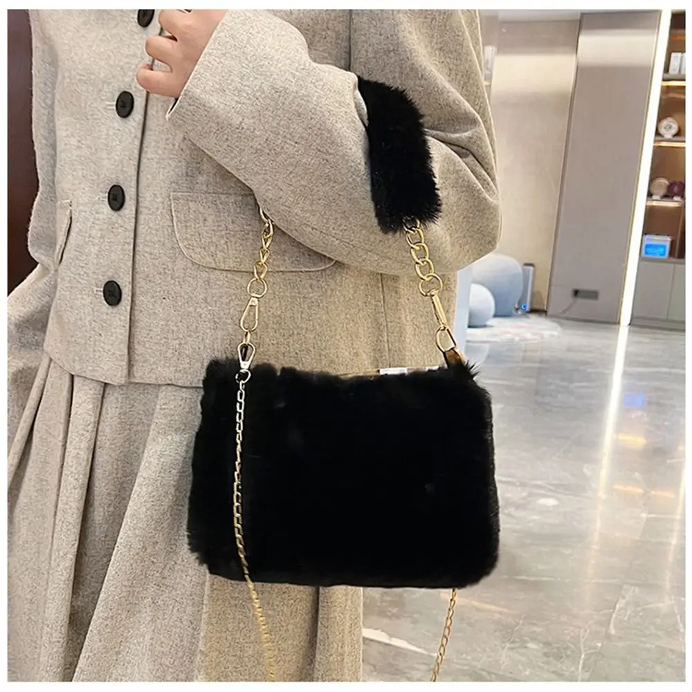 Fashion Women Fluffy Shoulder Bags Female Winter Chain Underarm Bag Solid Color Handbag Soft Plush Handle Bag