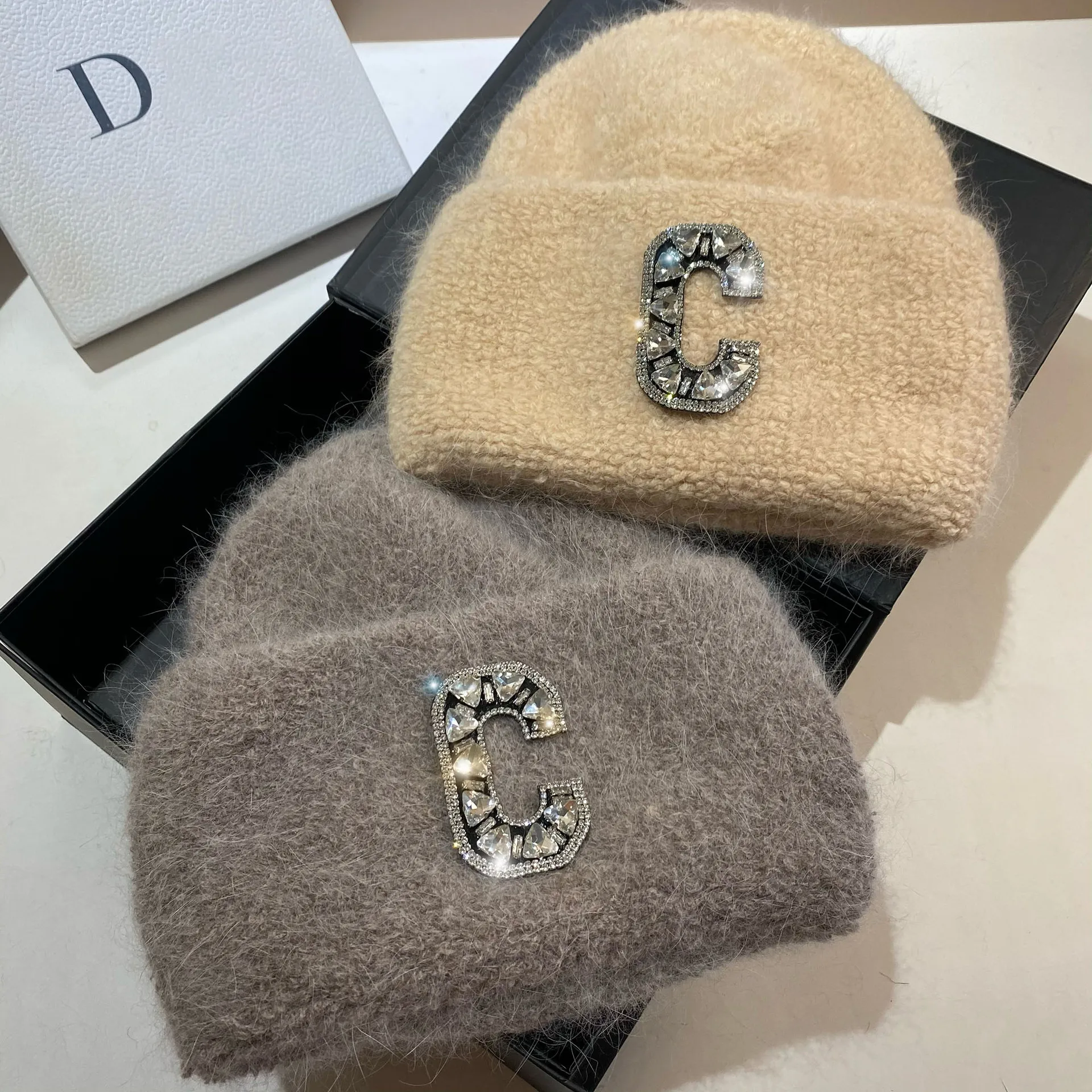 Luxury Rhinestones Letter C Women\'s Winter Beanie Real Rabbit Fur Knitted Hat Lady Warm Walking Bonnet Woolen Skullies Beanies