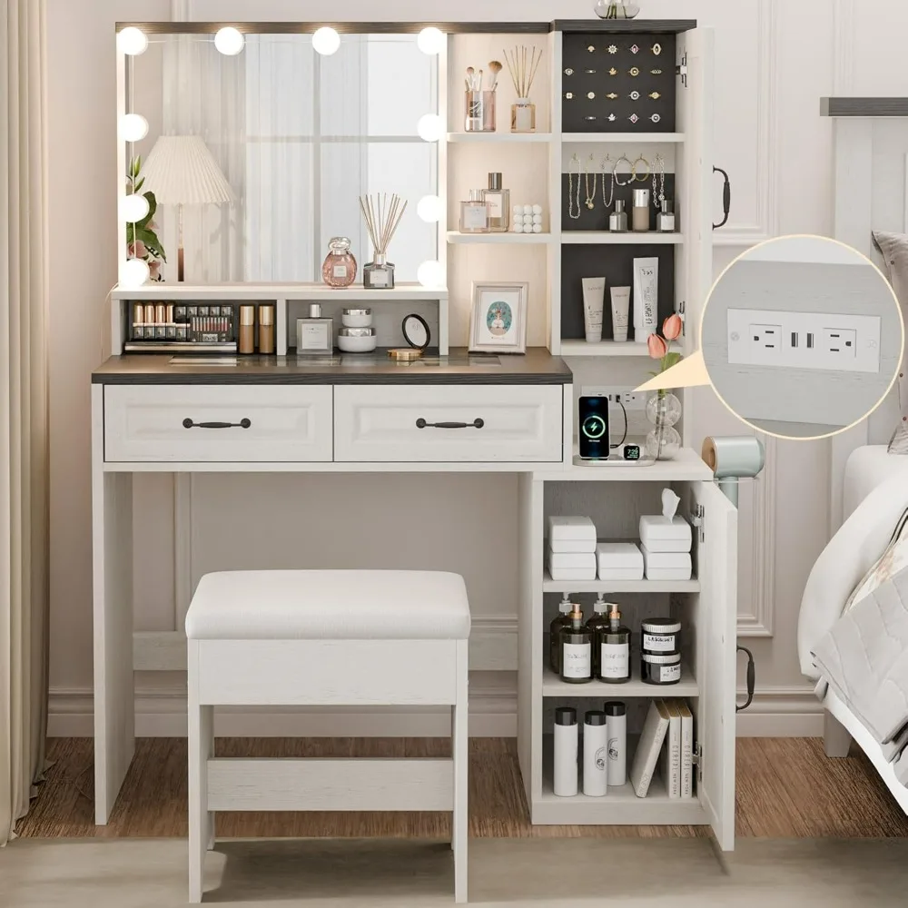 

Makeup Vanity Desk with Mirror and Lights, Charging Station, 2 Cabinets and Multi-Shelf, 3 Lighting Modes Large Mirror