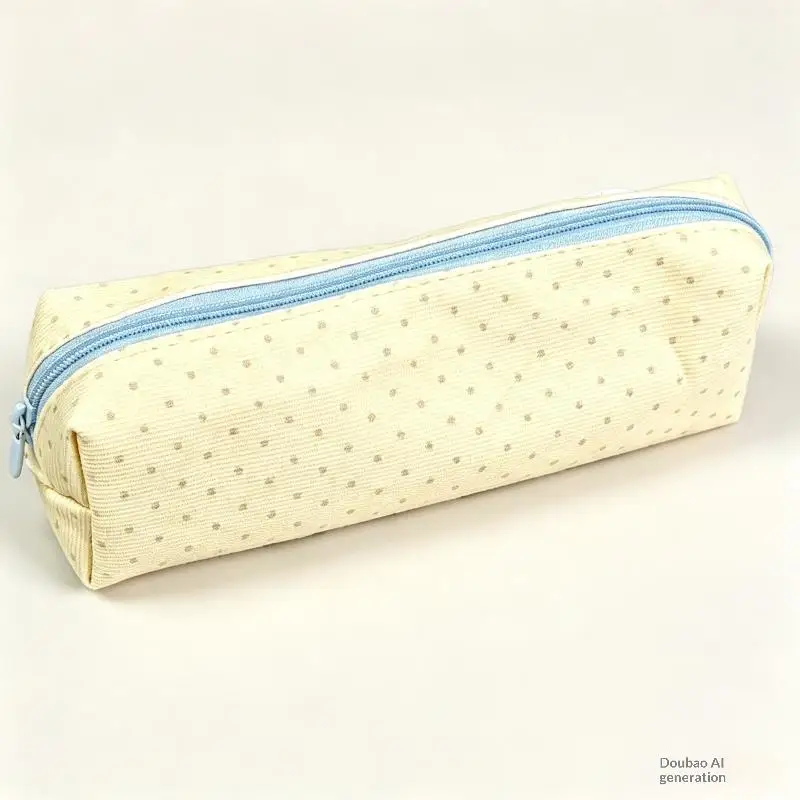 Cream Yellow Polka Dot Pencil Case Washable Durable Large Space Stationery Bag for College Students Dorm Storage Use