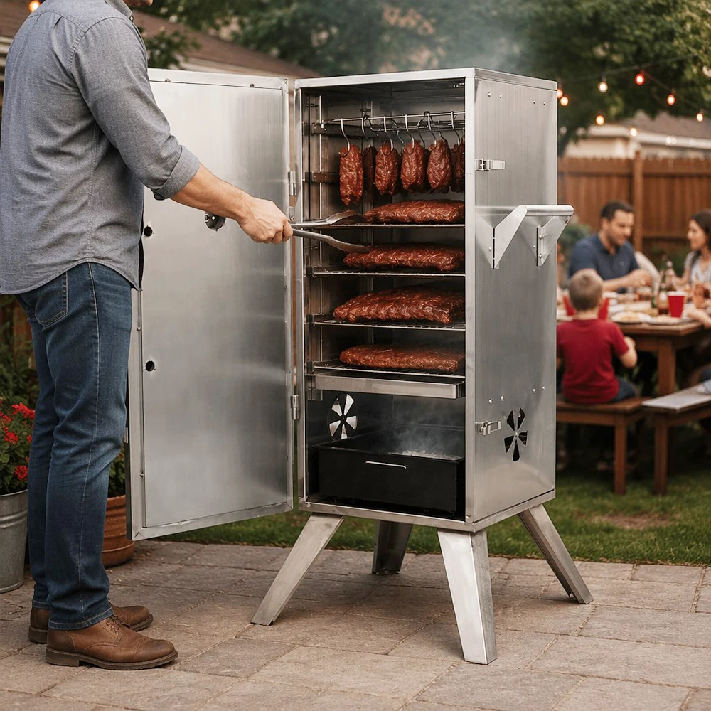 BBQ Grill Outdoor Smokehouse Charcoal Wood Burning Smoking Cabinet Stainless Steel Vertical Smoker for  Brisket Chicken Fish