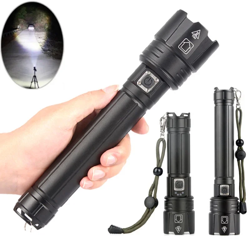 High Power XHP70 LED Flashlight Rechargeable Zoom Torch Tactical Lantern USB Charging Hand Lamp 18650 or 26650 Battery