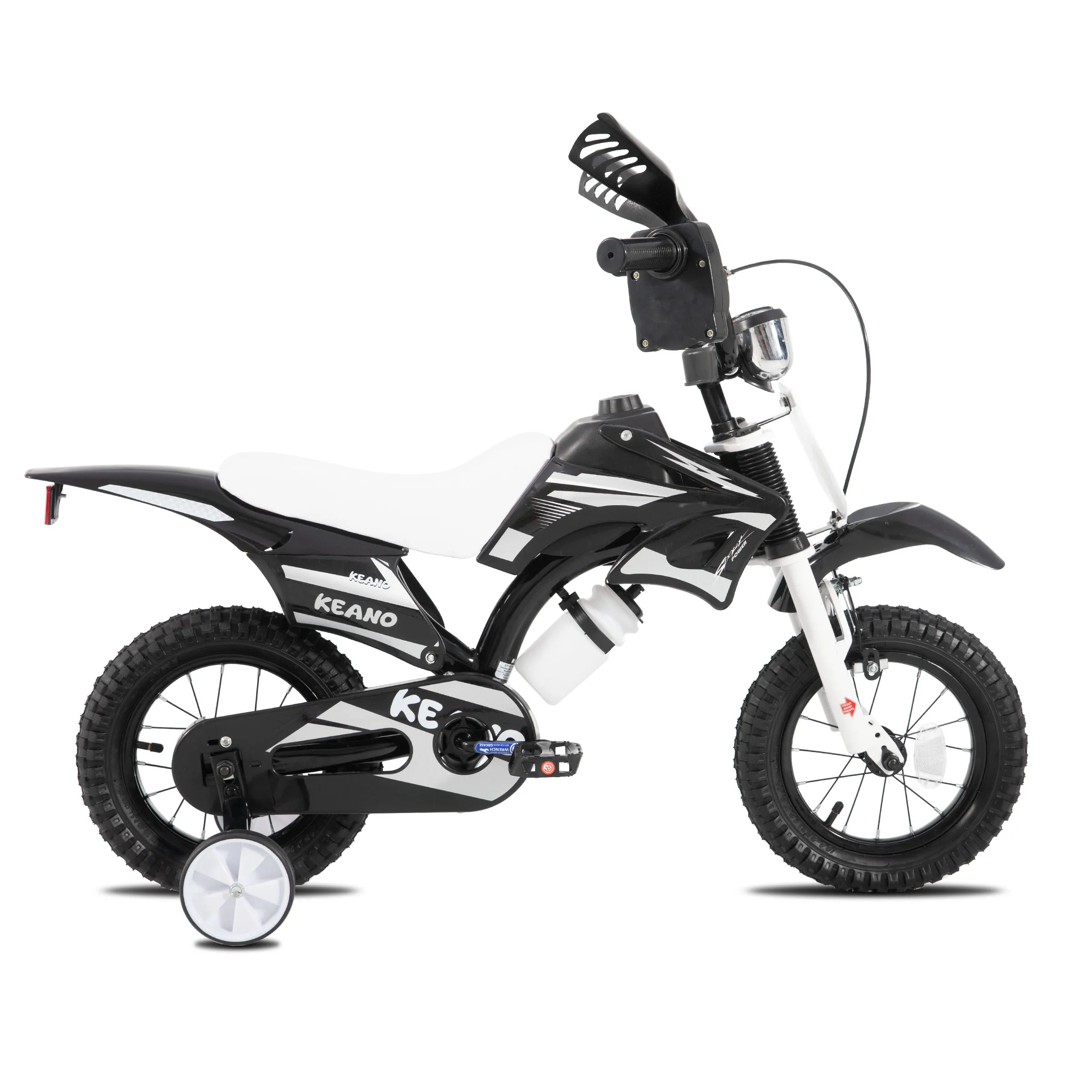 KEANO Motocross Style kinderfiets voor jongens en meisjes van 3-7 jaar, 12 & 16 inch fietsen met zijwieltjes en nummerplaat