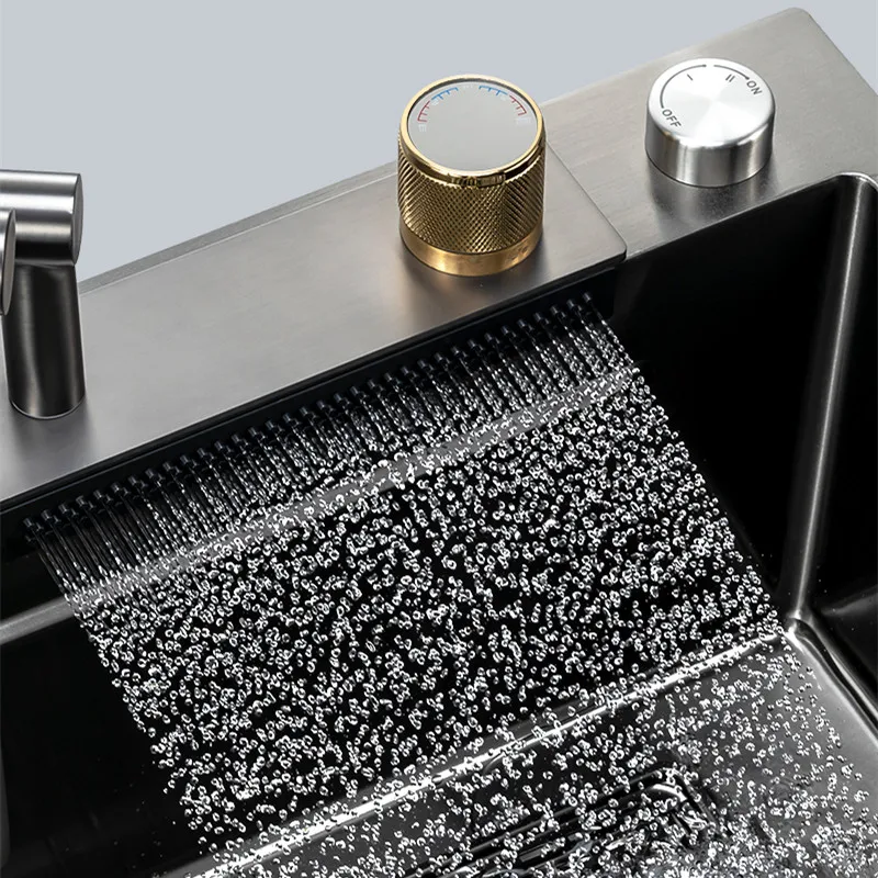 Nano Schwarz Küche Waschbecken Wasserfall Digital Display Edelstahl Messer Rest Obst Und Gemüse Waschen