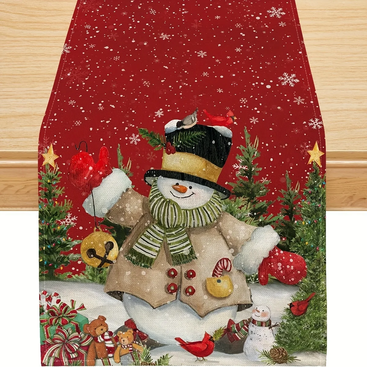 

Цельная дорожка для стола в виде рождественского снеговика, рисунок снеговика на красном фоне с шляпой и шарфом, удерживающая украшение, с рождественской елкой, подарками и птичьими узорами, подходит для рождественских банкетов, праздничных вечеринок, укр