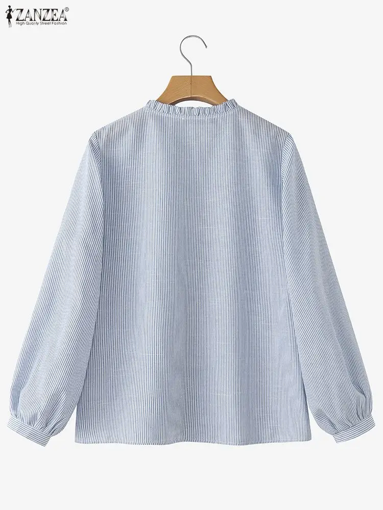 ZANZEA Damskie koszule w paski z marszczeniami, jesień 2025, codzienne bluzki z falbankami, dekolt okrągły, rękawy typu lampion, zapinane na guziki, odzież damska, rozmiary S-3XL