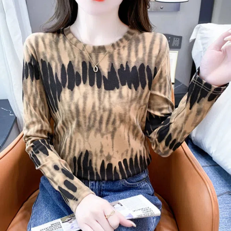 Women\'s Clothing Long Sleeve Round Neck Contrast Color Tie Dye Pullover T-shirt Spring Autumn Comfortable Fashionable Tops