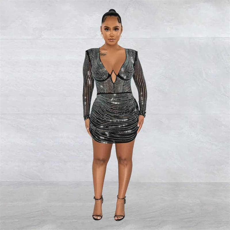 

Fashion Solid Color Mesh Diamond Decoration Dress Female Summer Casual Party Nightclub Dressy Women's Long Sleeve Short Gown New