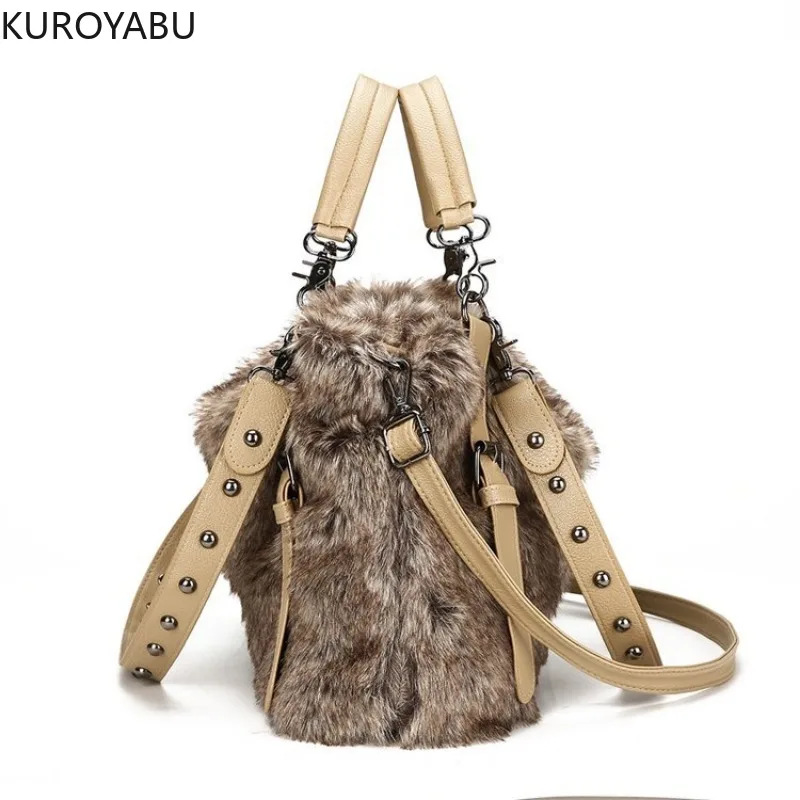 Women Faux Fur Plush Handbags Ruched Handle Lady Furry Shoulder Crossbody Bag Large Capacity Tote Winter Chic Bolsas Femininas