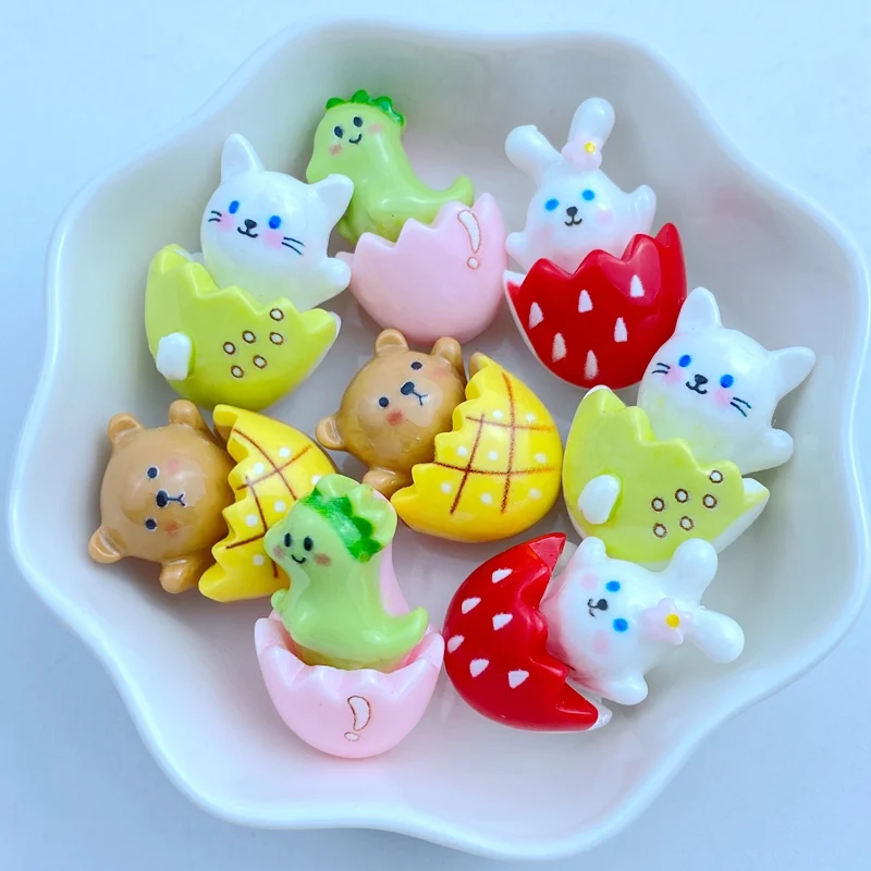 10Pcs New Cute Resin Rabbit, Dinosaur, Bear Egg Series Flat Back Fit Phone Deco Parts Embellishments For Hair Bows Accessories