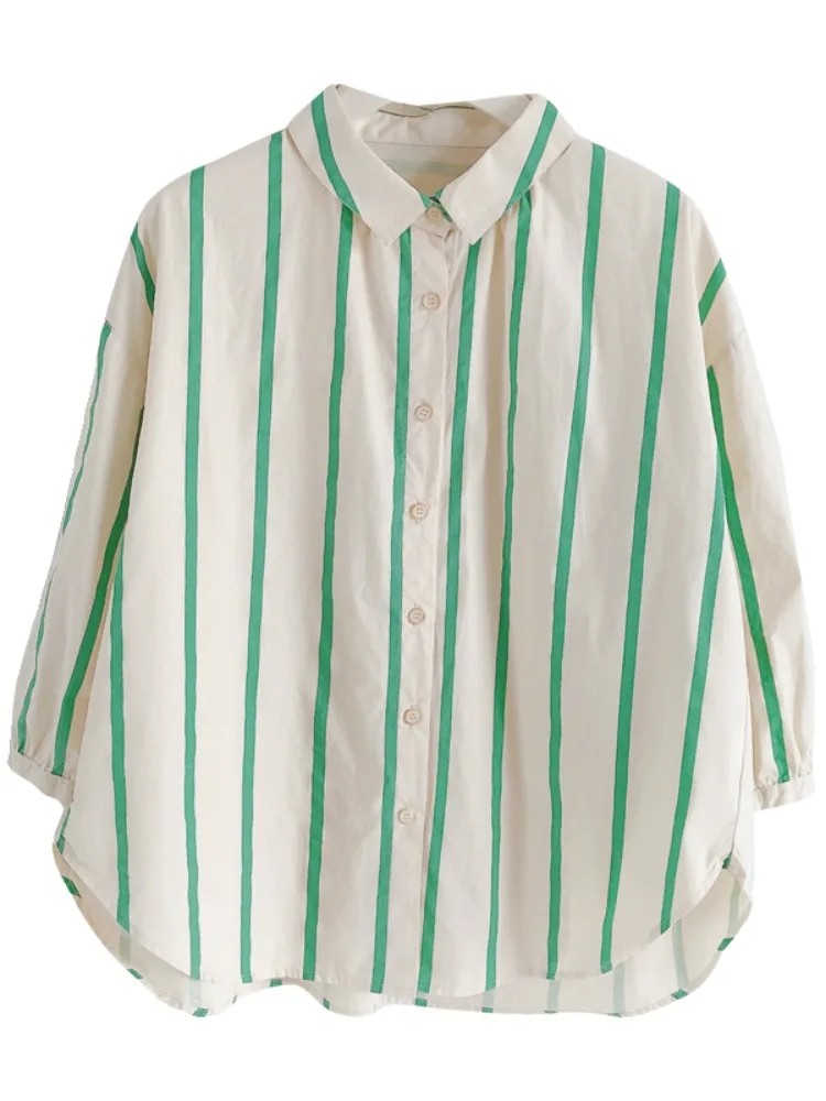 Summer New Sle Women's Casual Striped irt Loose Long Sve Sun Protection Faionable Anti-Aging Top Cotton Blend  C...