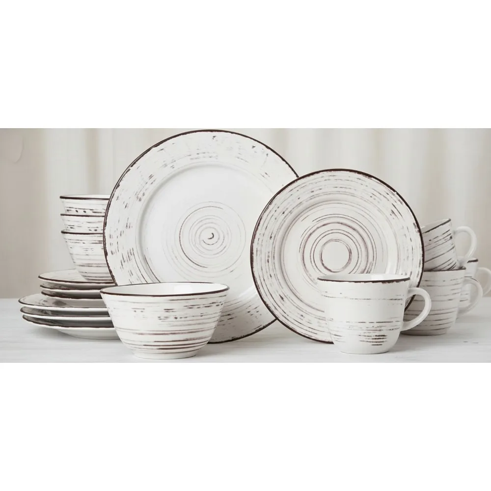 

Vintage White 16-Piece Stoneware Dinnerware Set for 4, Microwave & Dishwasher Safe Plates Bowls