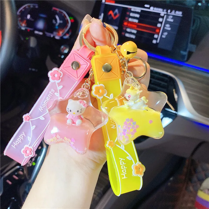 3pcs Cute Unicorn Pony Into Oil Star Bottle Quicksand Keyring Girl Bag Trinket Cartoon Floating Cat Liquid Heart Sequin Keychain