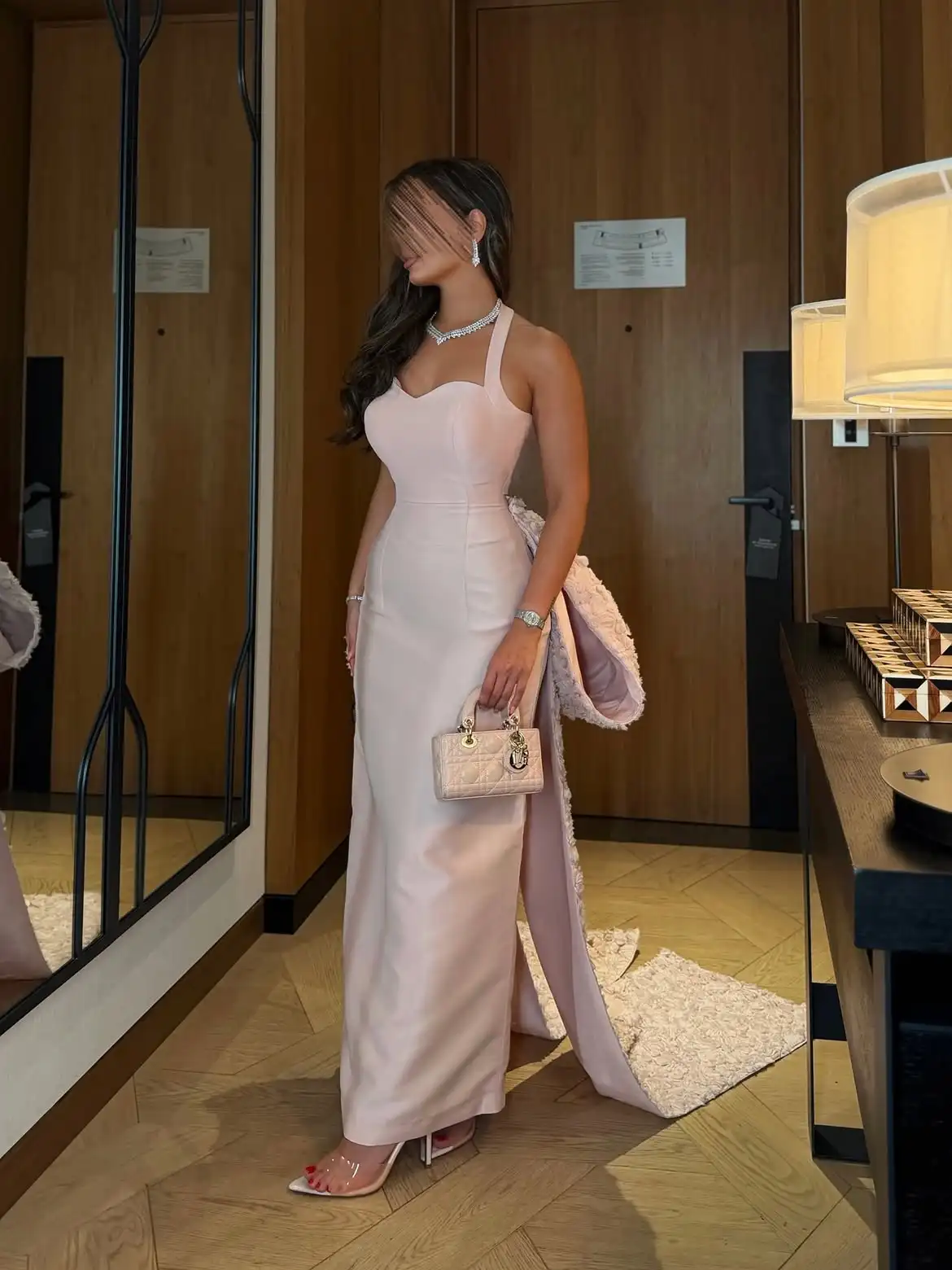 Blush Satin Halter Evening Gown Sweetheart Neck Mermaid With Detachable 3D Floral Train Formal Dress