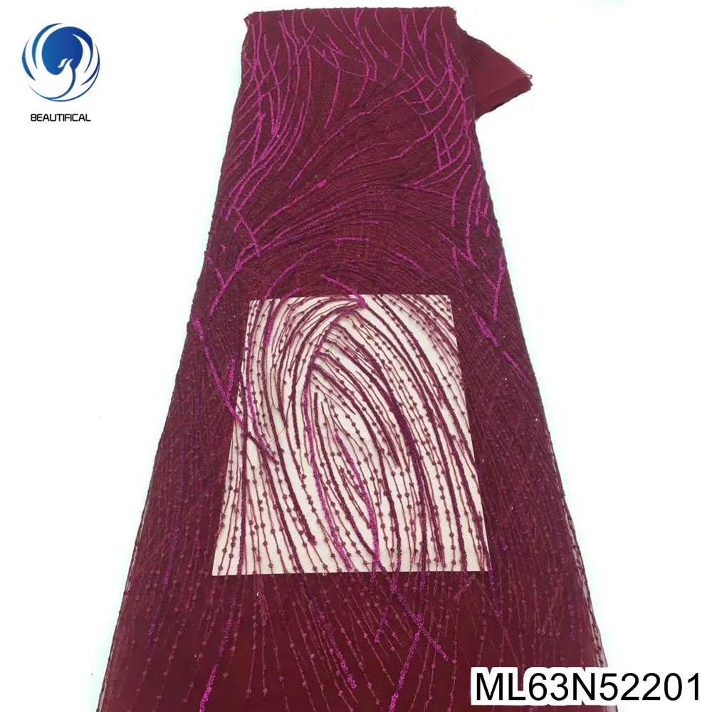 

African Sequins Fabric with French Embroidery, Tulle Mesh Lace Cloth, Wine Red Web Face, New Novel Design, ML63N522