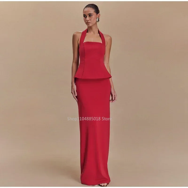 

Elegant Halter Vest Skirts Sets Women Sleeveless Backless Ruffle Top Hip Package Split Skirt INS 2025 Spring Summer Party Suits