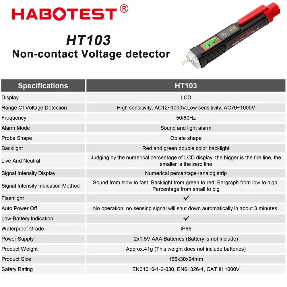 HABOTEST Voltage Tester 12-1000V Non-Contact Waterptoof Digital AC Voltage Detector Electrical Tester LCD Display HT103