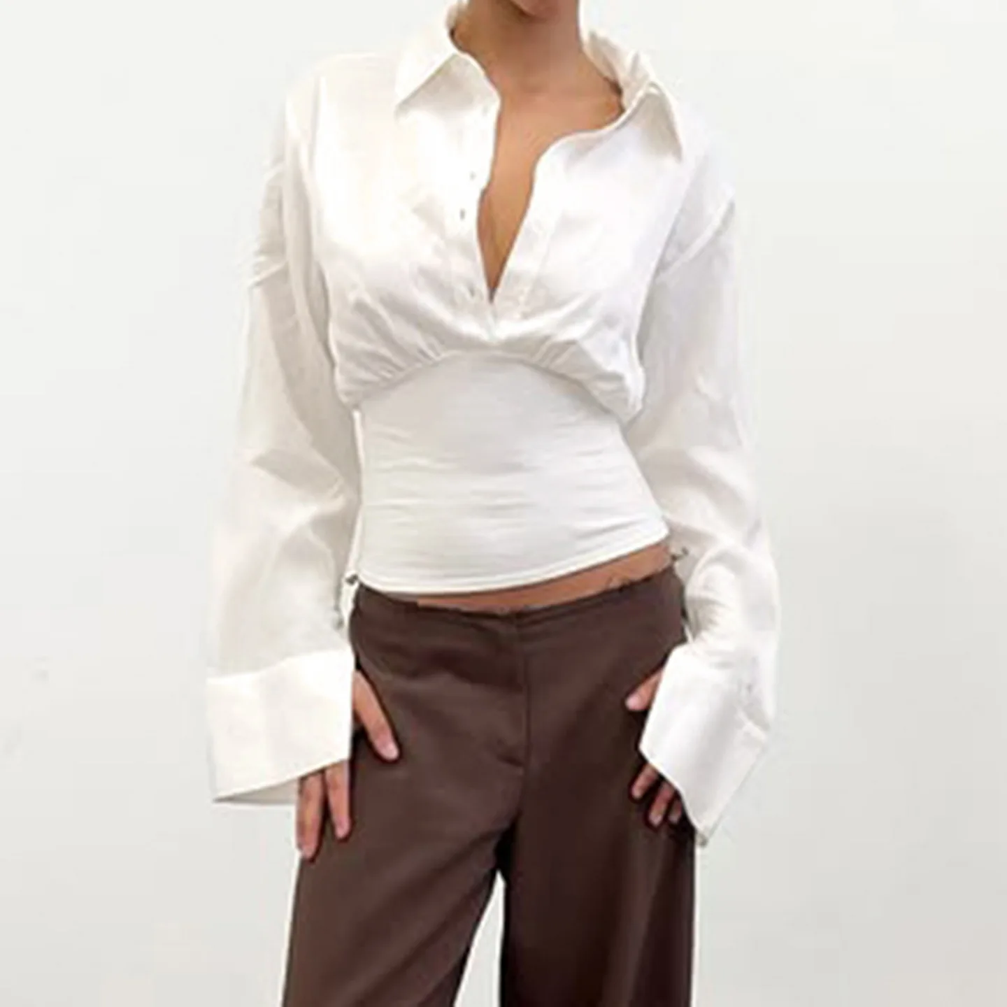 Wit overhemd met knopen en knopen voor dames - Sexy afslankende taille-kalkende blouse met lange mouwen voor Y2K trendy dagelijks en feestkleding