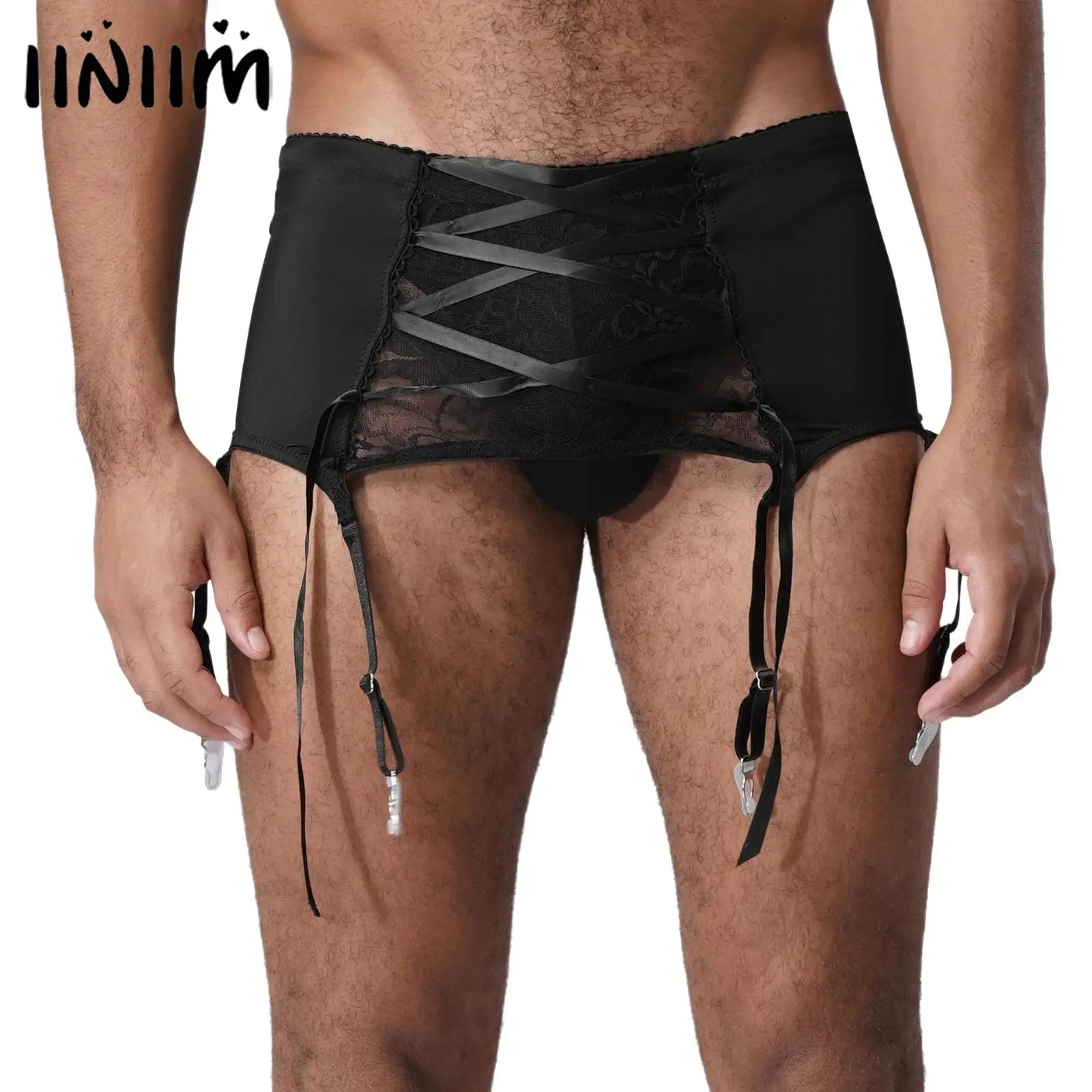 

Мужские подвязки Sissy, прозрачные кружевные подвязки с цветочным принтом спереди, шнуровка сзади, крючок и застежка на глаза, подтяжки для подвязок Drag Queen