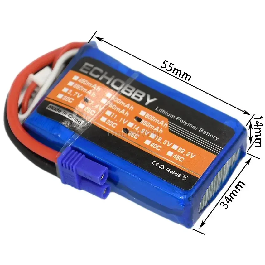 

7.4V 2S 850mAh 35C LiPO Battery EC2 plug for RC Model Airplane Helicopter Quadcopter Multirotor Racing Drone