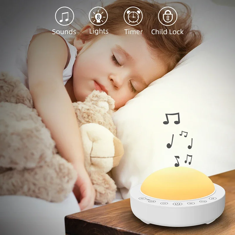 Máquina de ruído branco para crianças, sono do bebê, 16 sons jogador, luz noturna colorida, USB recarregável, temporizador, jogador de ruído