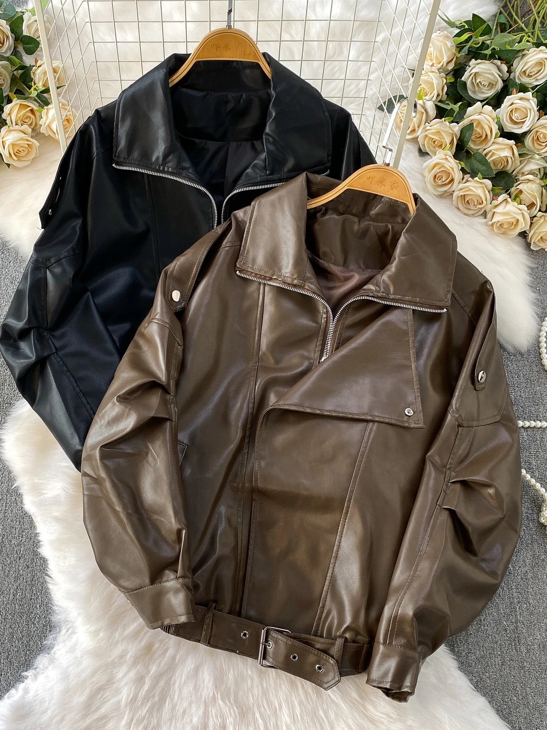الرجعية Sle المرأة بولي Leather الجلود Jaet فضفاضة تناسب التخسيس Faionable السائق معطف القهوة اللون العصرية العلامة التجارية الخريف ملابس خارجية