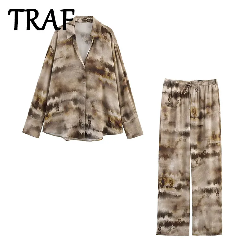 

TRAF Tied Elastic Waist Pants Set Women's 2 Pieces 2025 New Fashion Printed Shirt Top+Trousers Casual Set Two Piece Women Outfit