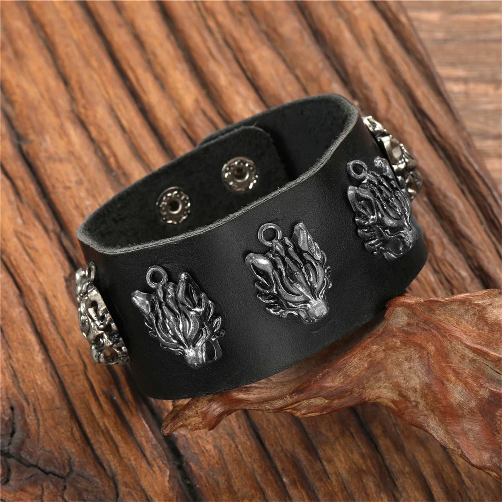 2024 Trend Men's Bracelets Classical Black Leather Bracelet Adjustable Size Classical Animal Shape Bracelet for Men's Daily Wear