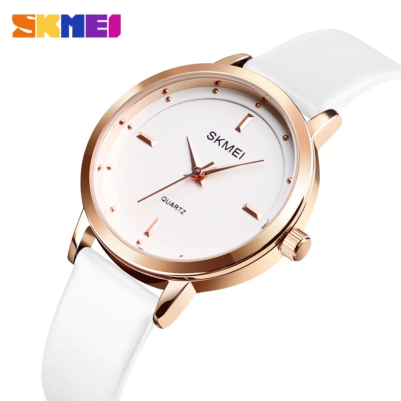 

SKMEI Simple Style Watch for Women Fashion Casual Round Dial White Leather-Belt Waterproof Quartz Wristwatch Dress Clock Female