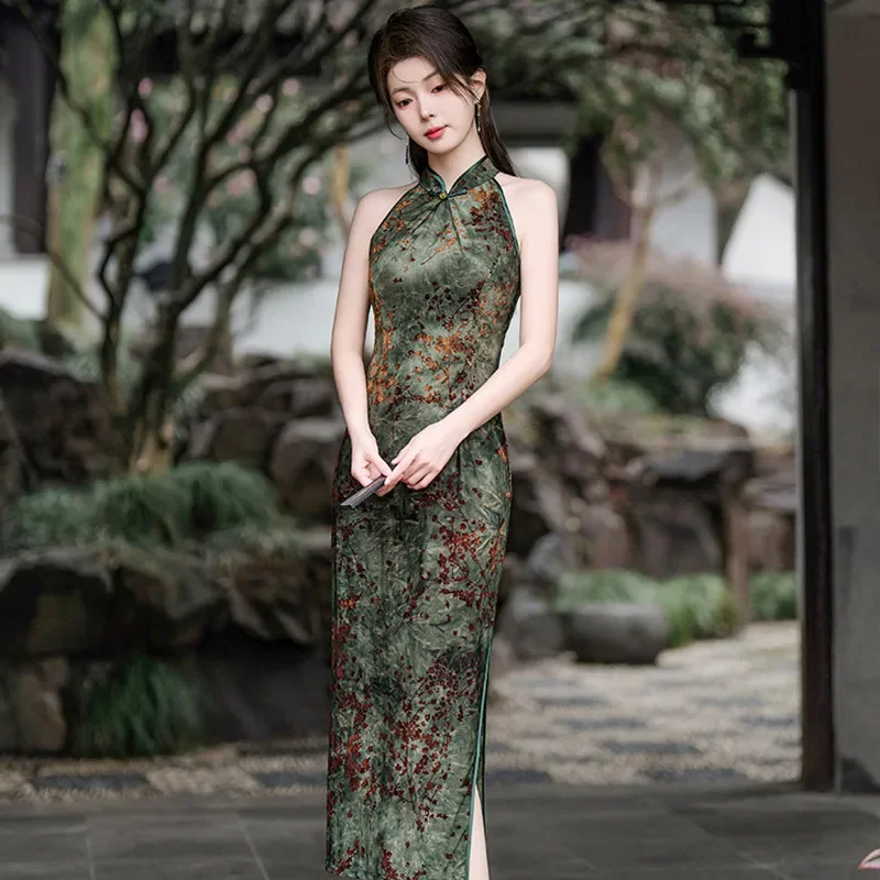

Сексуальное женское длинное платье Ципао без рукавов с воротником-стойкой в китайском стиле, новинка 2023 года, улучшенное женское черное платье Ципао с принтом