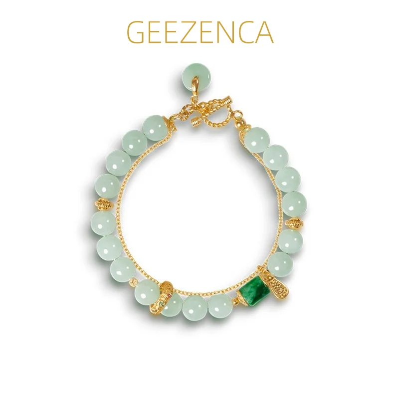 GEEZENCA Natural Jadeite Bead 925 Sterling Silver 18K Gold Strand Bracelet For Women Ethnic Vintage Luxury Bracelets 2024 New