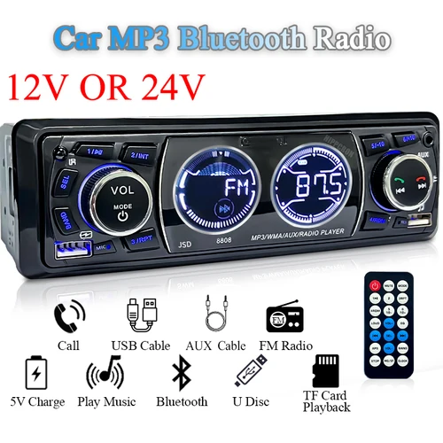 SINOVCLE Radio de coche 1din Audio Bluetooth reproductor de MP3 estéreo receptor FM 60Wx4 soporte de carga de teléfono AUX/USB/tarjeta TF en Kit de tablero