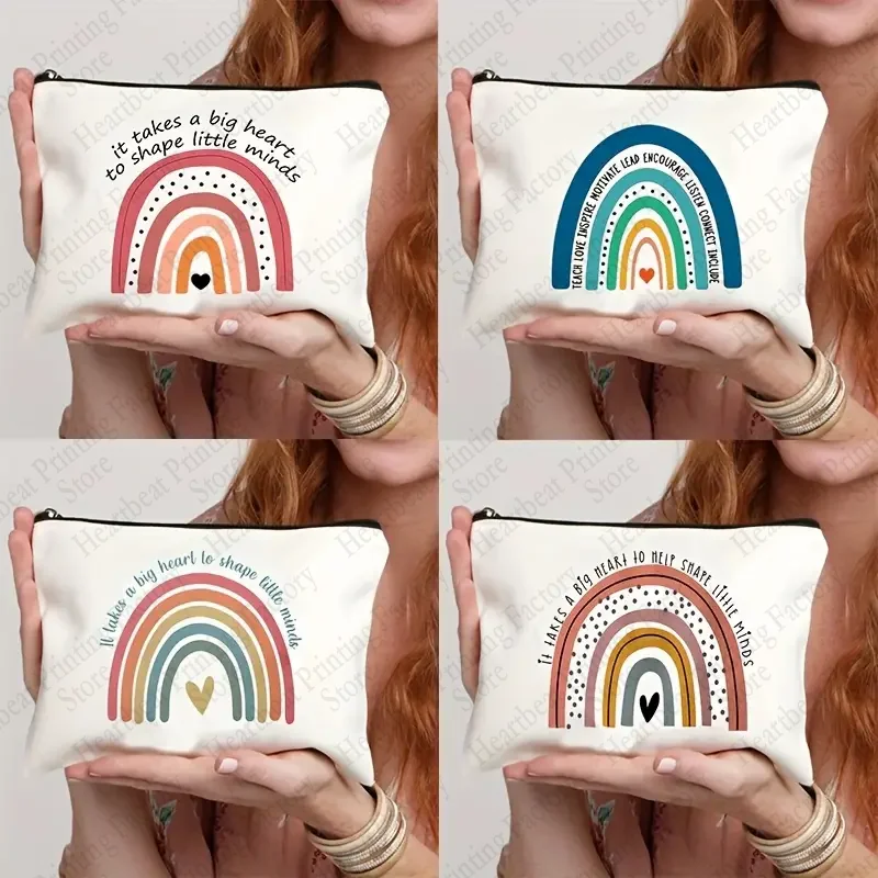 Bolsa de maquillaje con estampado de arcoíris, se necesita un gran corazón para dar forma A las pequeñas mentes, bolsa de suministros de papelería