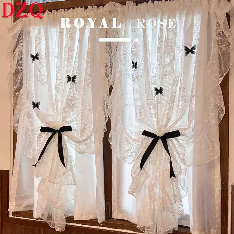 

Double Layered French Elegant Butterfly Lace Curtains Living Room Princess White Lace Curtains for Balcony Wedding Curtains#A624