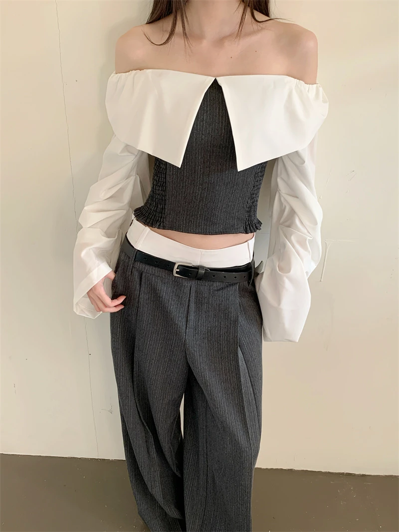 レディースオフショルダートップス2025パッチワークシャツカジュアルルーズショートブラウス長袖ブラウスオーバーサイズSL148 パーティーブラウス