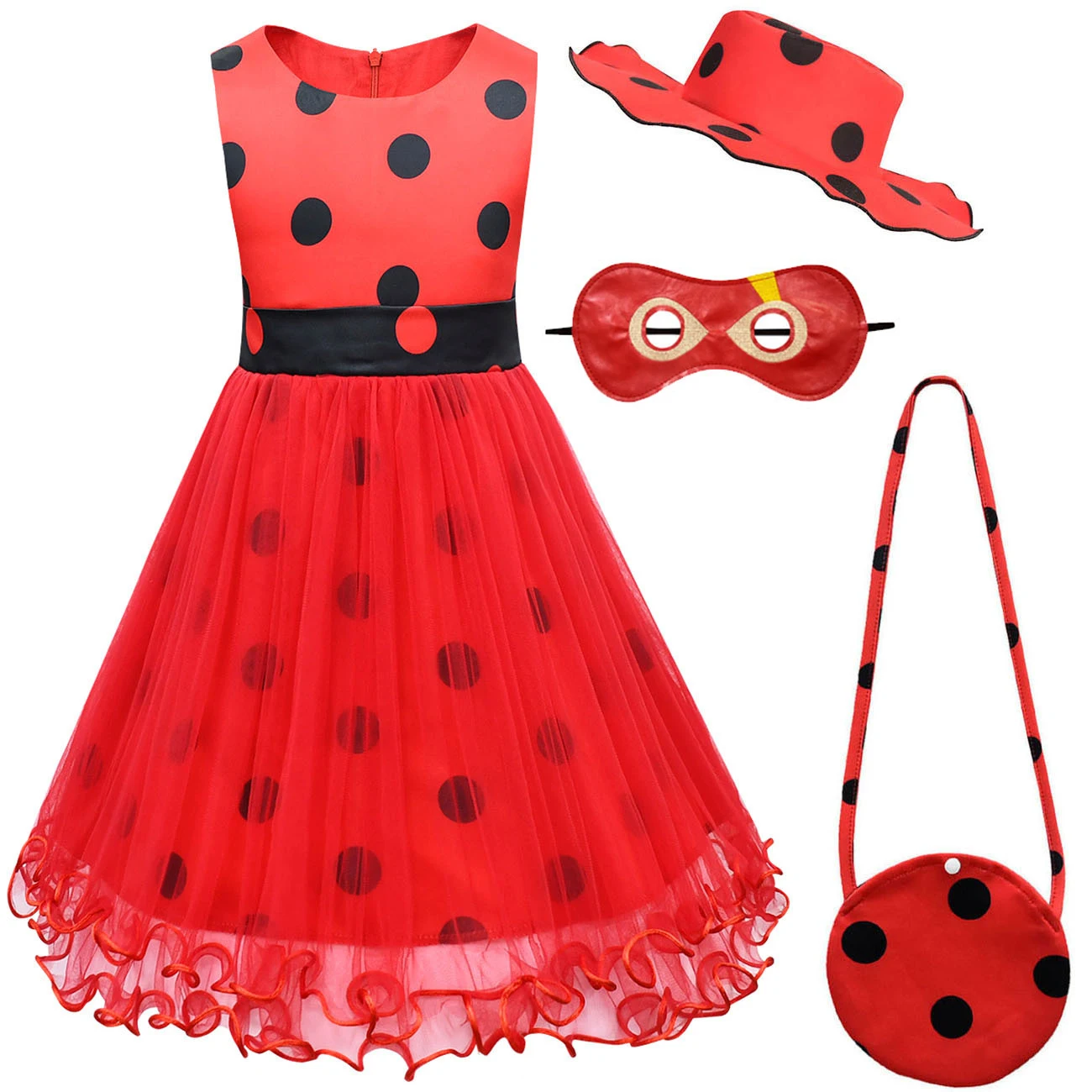

Girls Halloween Beetle Dress Mask Bag Hat 4 Pcs Set Leeveless Sleeve Lady Cosplay Princess Clothes Birthday Party Kid Costume