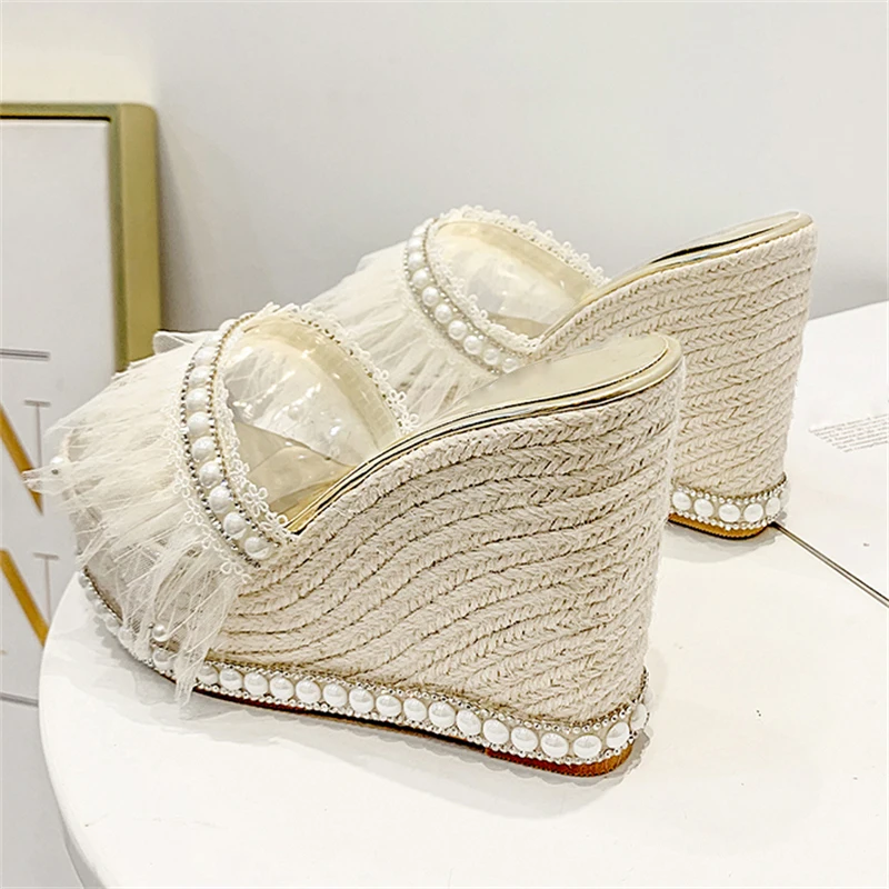 

Aneikeh 2026 Summer Fashion Designer Crystal Weave Wedges Platform Women Slippers PVC Transparent Mesh Fabric Open Toe Shoes