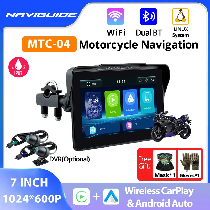 

NAVIGUIDE MTC-04-DVR Carplay Display Screen Portable Motorcycle Android Auto IP67 MOTO Navigation Speed 7 inch 1024*600 BT
