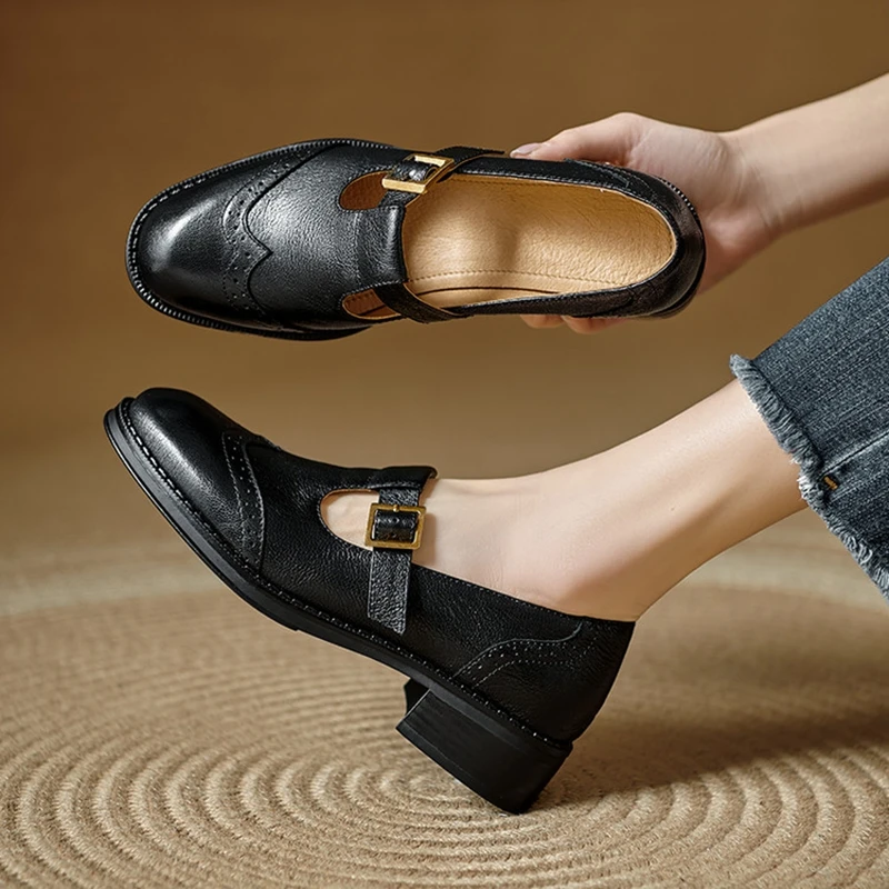 NEW Autumn/Spring Women Pumps Genuine Leather Shoes for Women Round Toe Chunky Heel Shoes Concise Belt Buckle Mary Janes Shoes