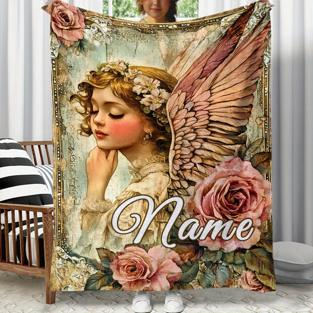 1 Stück anpassbare Name Vintage Engel Flanelldecke weich warm tragbar für Sofa Bett Reisen Camping Wohnzimmer Büro Couch Bett