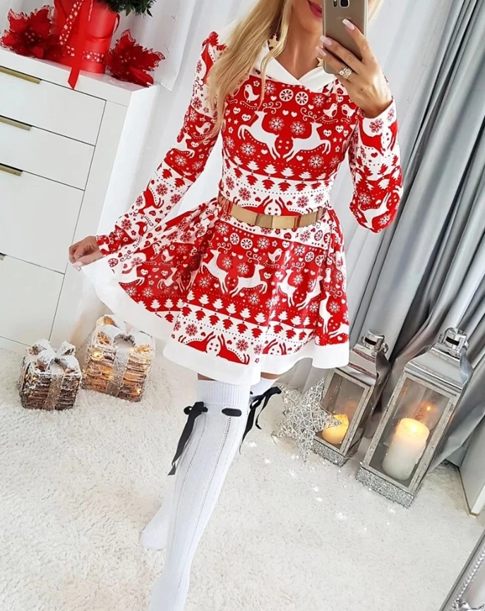 Women's Dress Fashion Vacation Christmas Print Pullover Hooded Long Sleeve Daily Casual Dress High Waist Mini Flare Dress